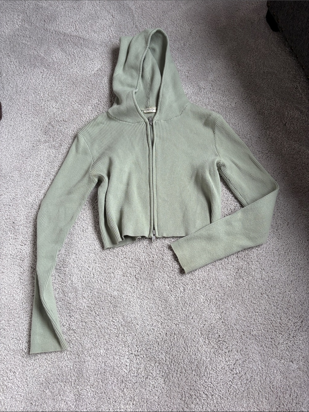 Brandy Melville Ribbed Cropped Zip Hoodie in Sage